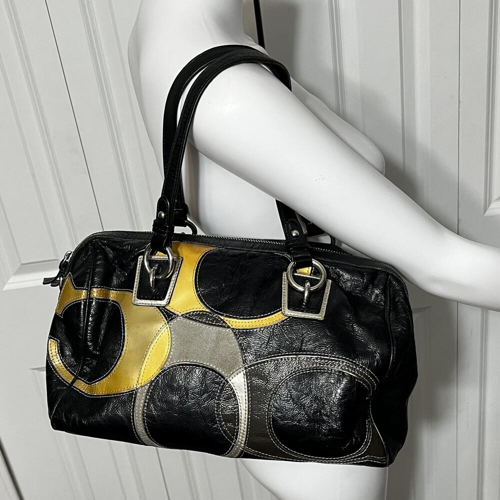 Coach Satchel Bag Womens Medium Black Gold Silver Patchwork Leather Suede F17186